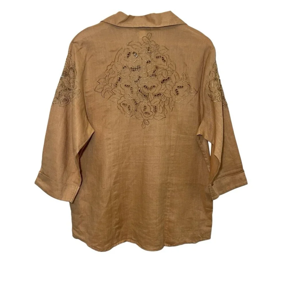 Natural Collection Women's linen Shirt size Large V Neck 3/4 Sleeves Embroidery - Picture 2 of 11